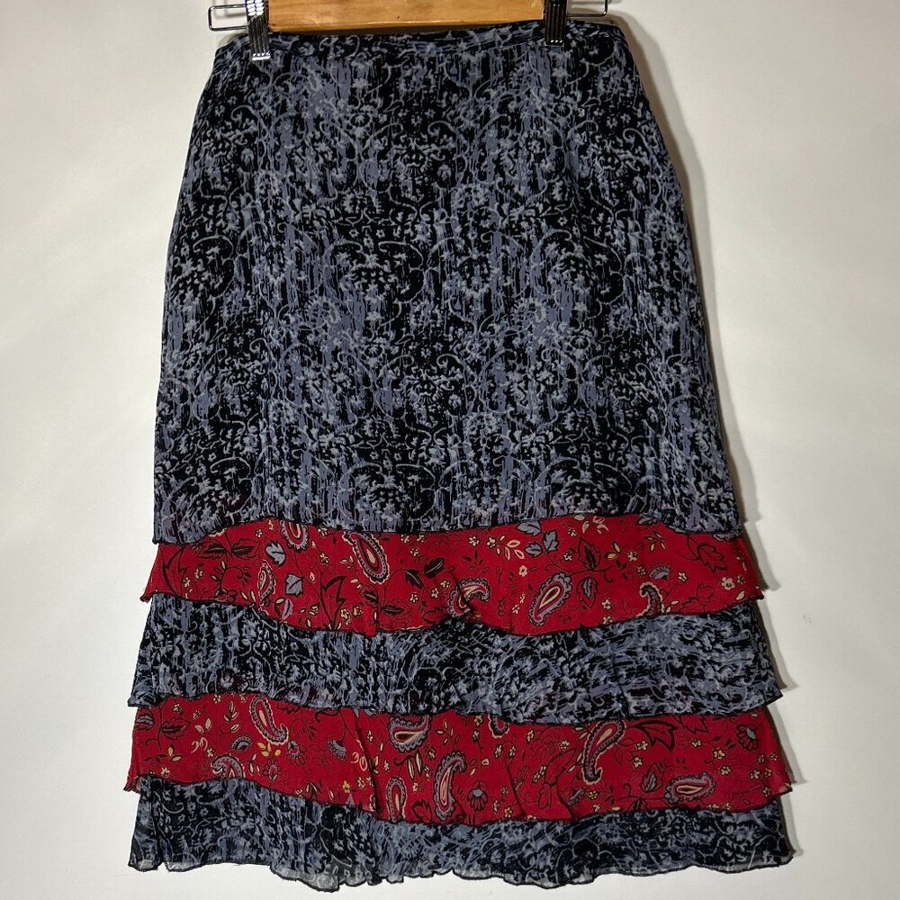 Indira SZ M Navy & Red Silky Midi Skirt Boho Western Country Cottage Festival